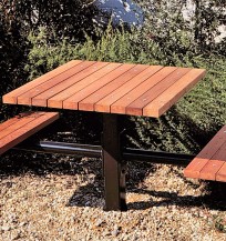 wood table with attached seating