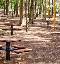 wood tables with attached seating