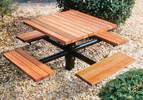 wood table with attached seating