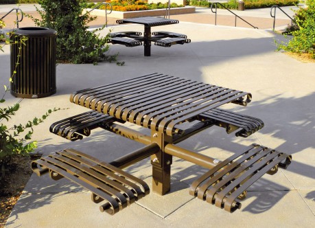 recycled steel table with attached seating