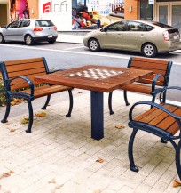 wood table and chairs with ductile iron end frames