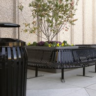 recycled steel litter receptacle and curved bench